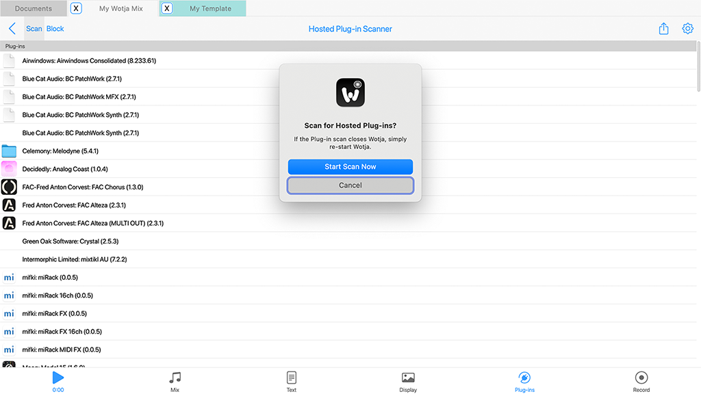 Wotja Mix Plug-ins Start Scan popup