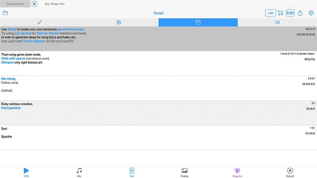 Text Mode: Saved Text Screen